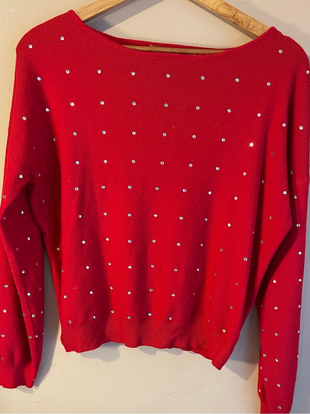 Belldini Red Rhinestone Sparkle Embellished Boat Neck Sweater Sz L